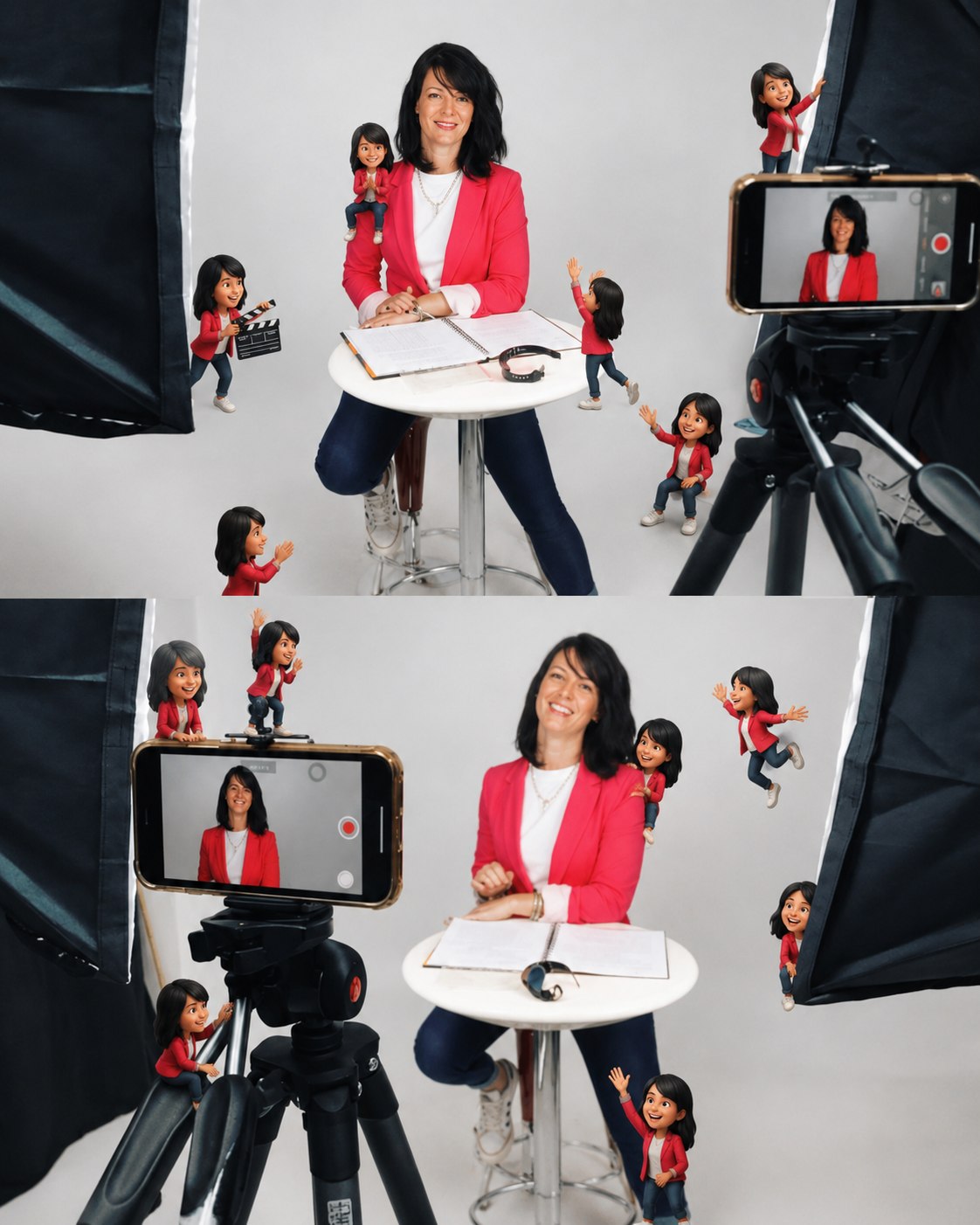 Audrey Laye en veste rose dans un studio, entourée de petits personnages illustrés