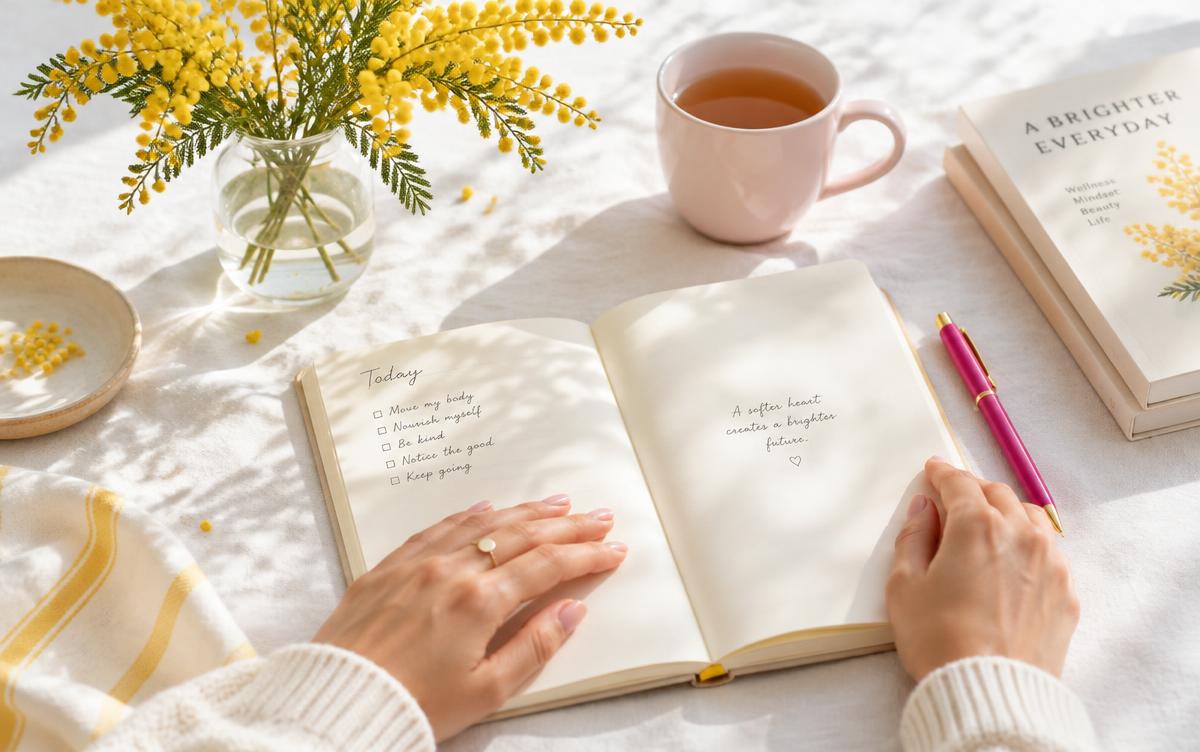 Un carnet ouvert, un stylo fuchsia et une tasse de tisane jaune, posés sur un bureau blanc avec des pétales de rose