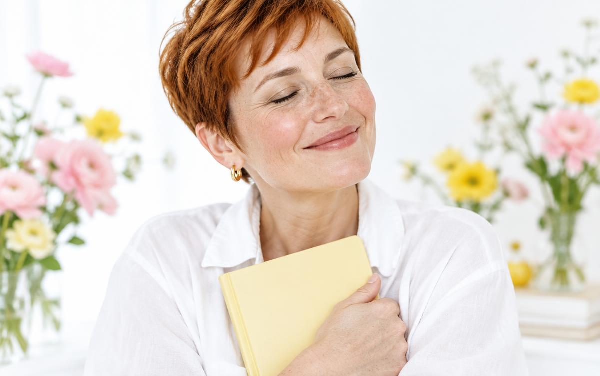 Une femme rousse aux cheveux courts et aux lunettes rondes, en pull bleu, tient un carnet jaune