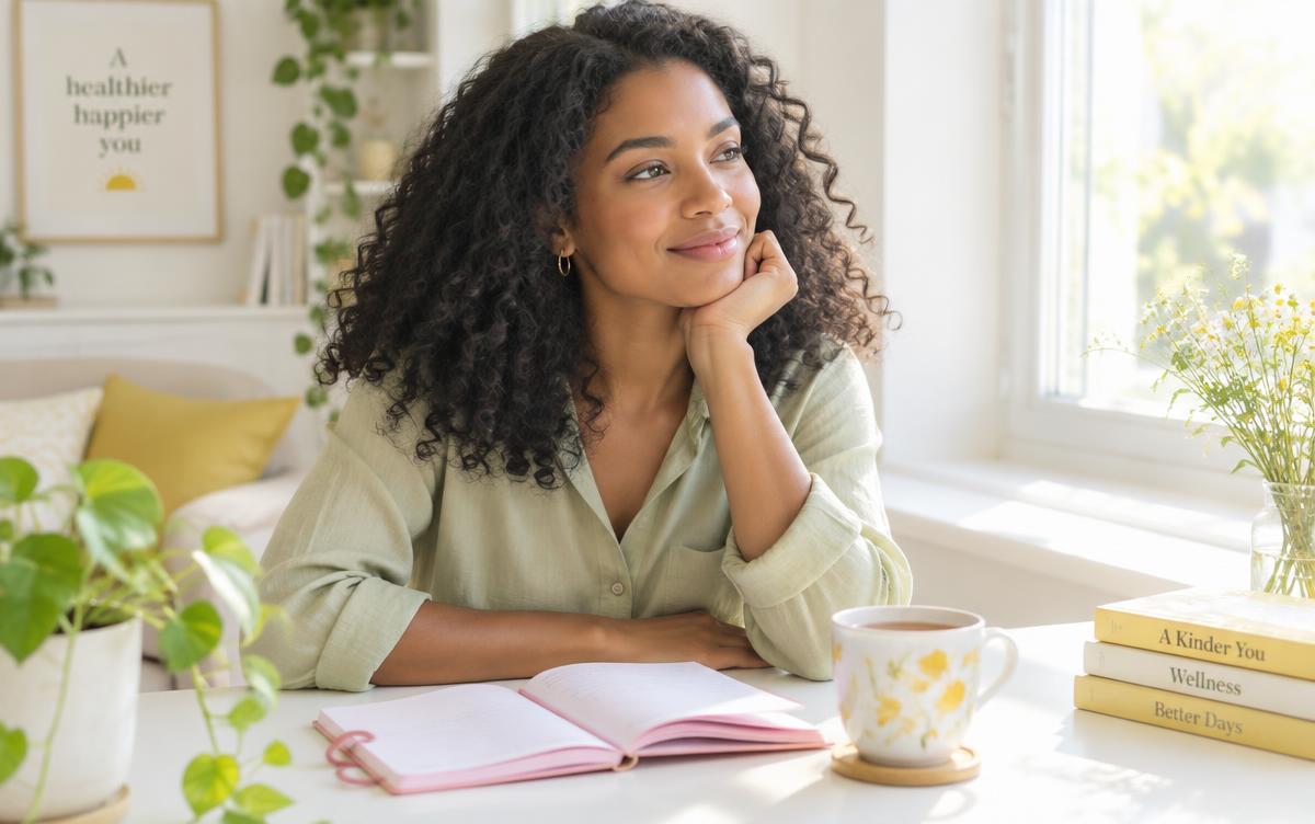 Une femme pensive au sourire doux, assise devant un carnet rose avec un thé, dans une lumière chaleureuse